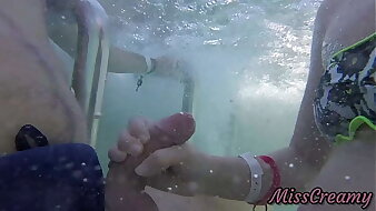 Teen student masturbate my cock in a public pool in front of everyone - it's very risky with people near- MissCreamy